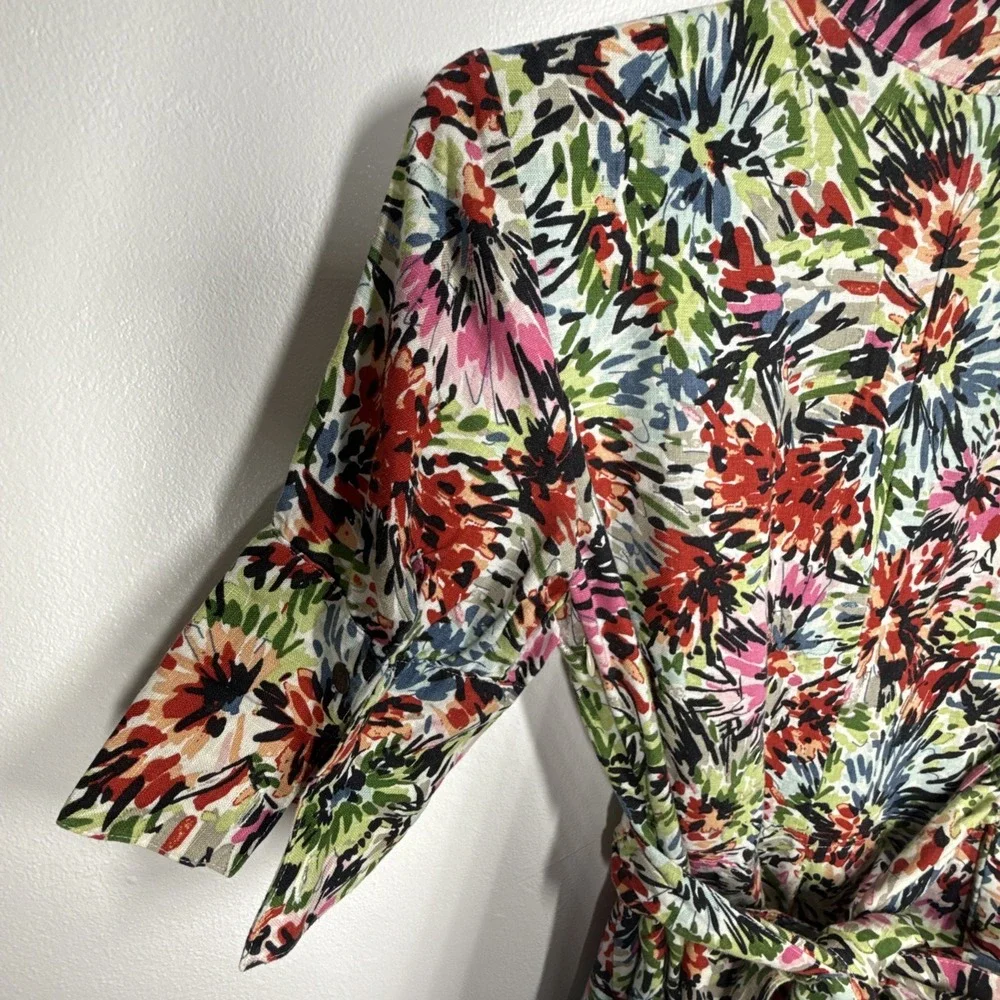JG Hook Midi Dress Size 10 Linen Faux Wrap Multicolor Abstract Floral Belted - Picture 10 of 16